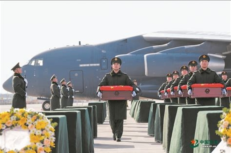 2024년 제11차 송환 당시, 중국으로 돌아오는 유해 관이 줄지어 놓인 모습. 사진=중국 매체