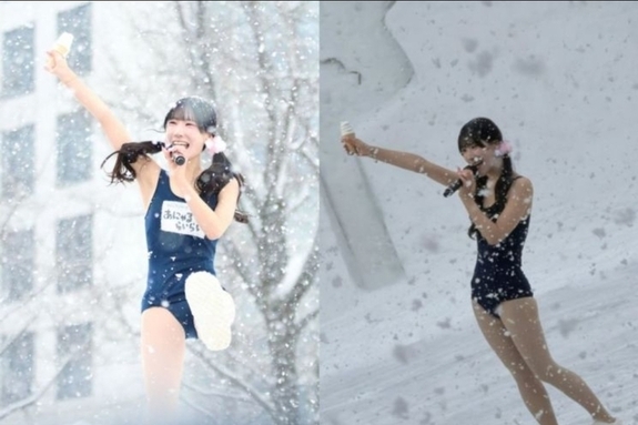 눈보라 속 수영복 무대…한겨울 축제에서 무슨 일이